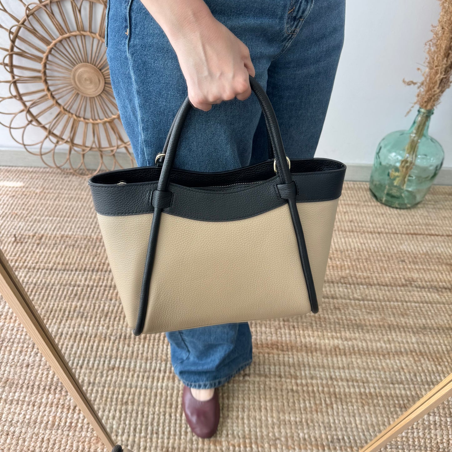 Bolso shopper piel taupe/negro