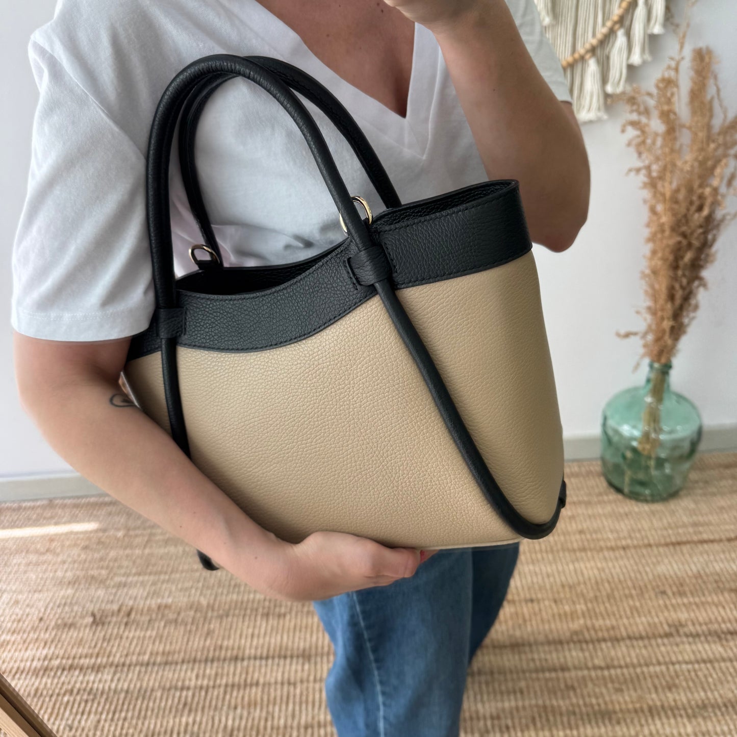Bolso shopper piel taupe/negro