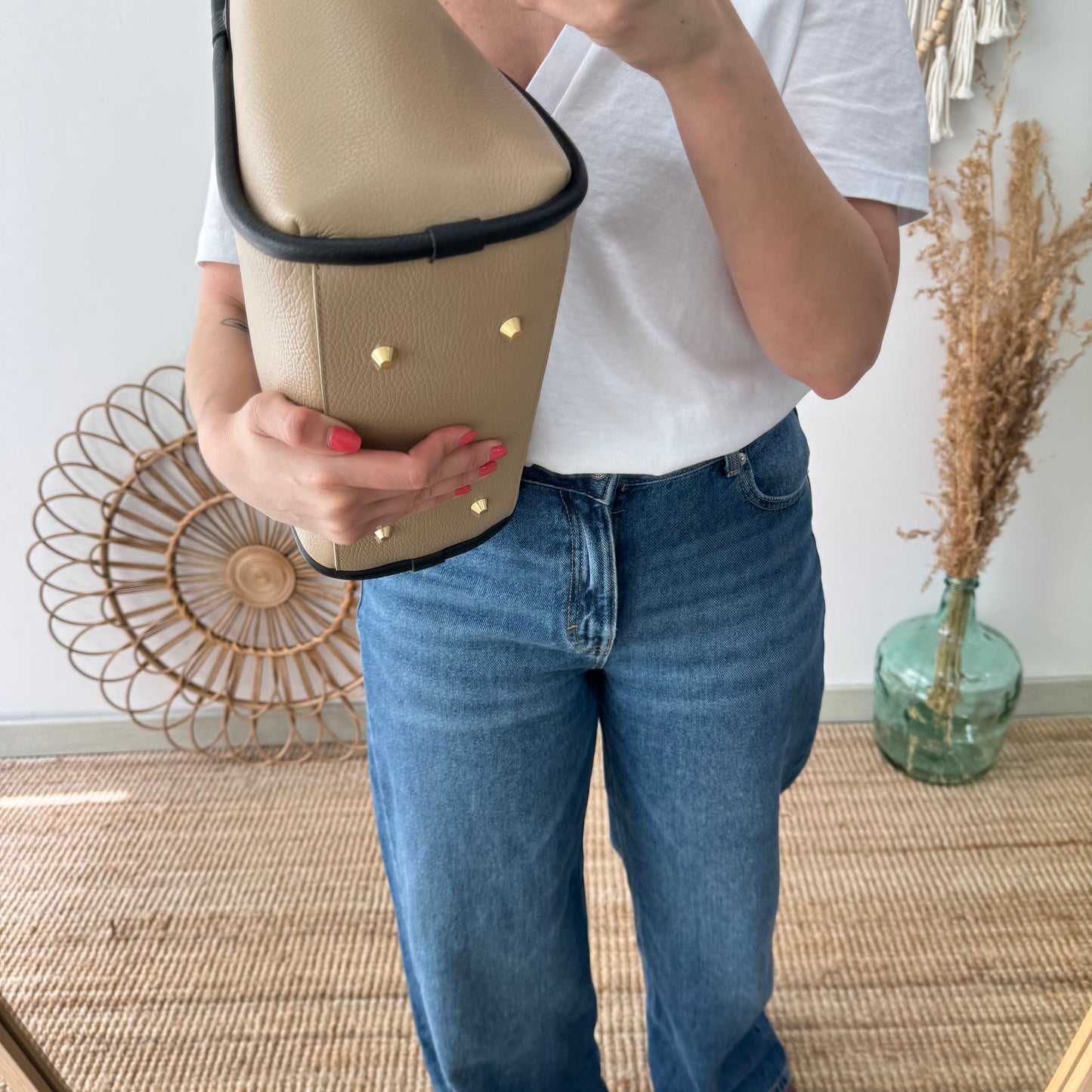 Bolso shopper piel taupe/negro