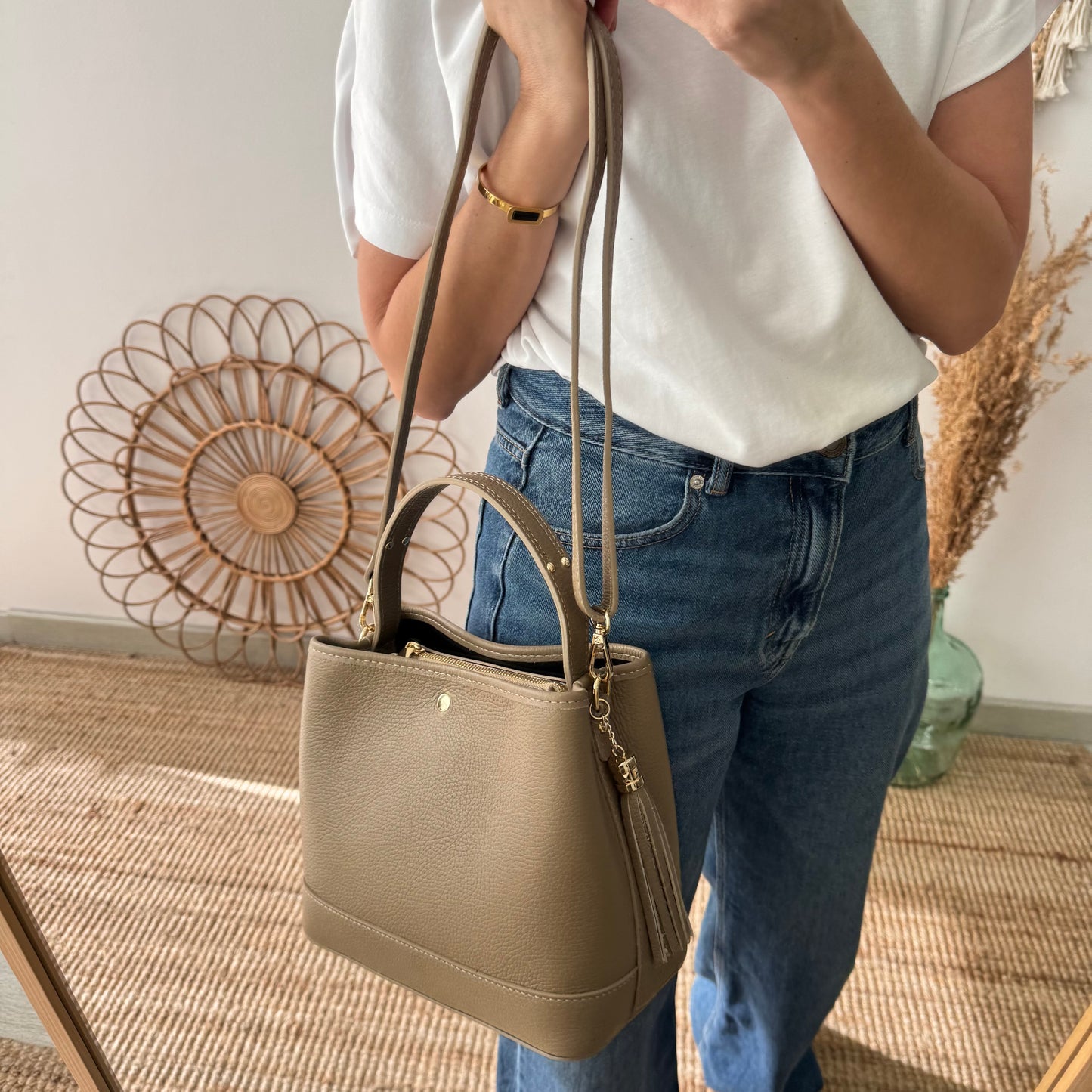Bolso trapecio combinado piel taupe