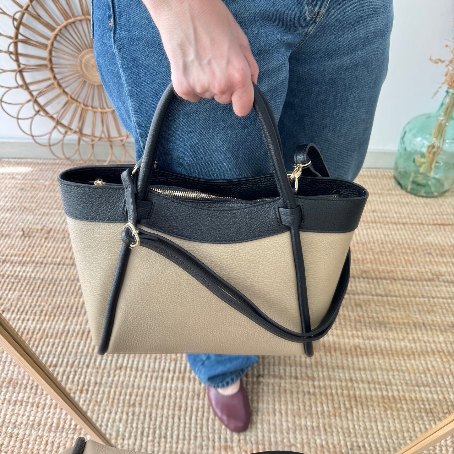 Bolso shopper piel taupe/negro