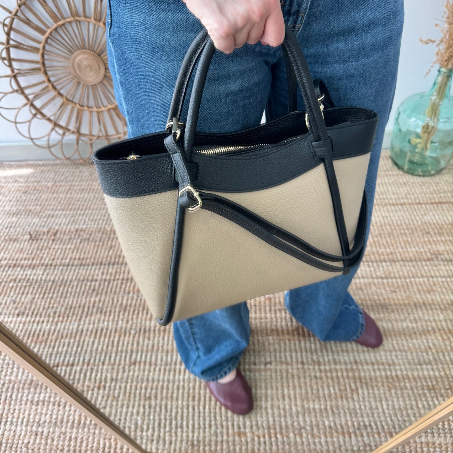 Bolso shopper piel taupe/negro