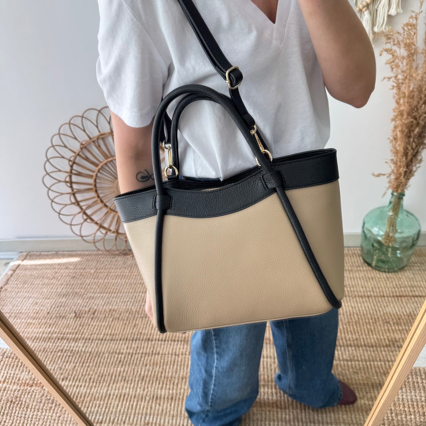 Bolso shopper piel taupe/negro