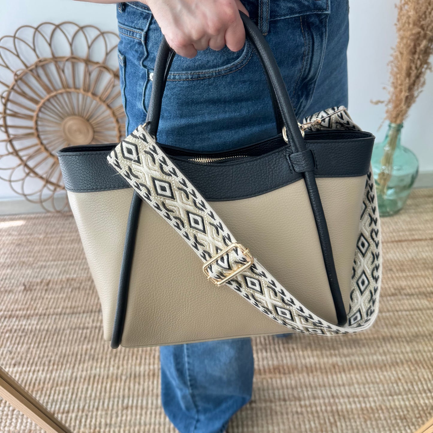 Bolso shopper piel taupe/negro