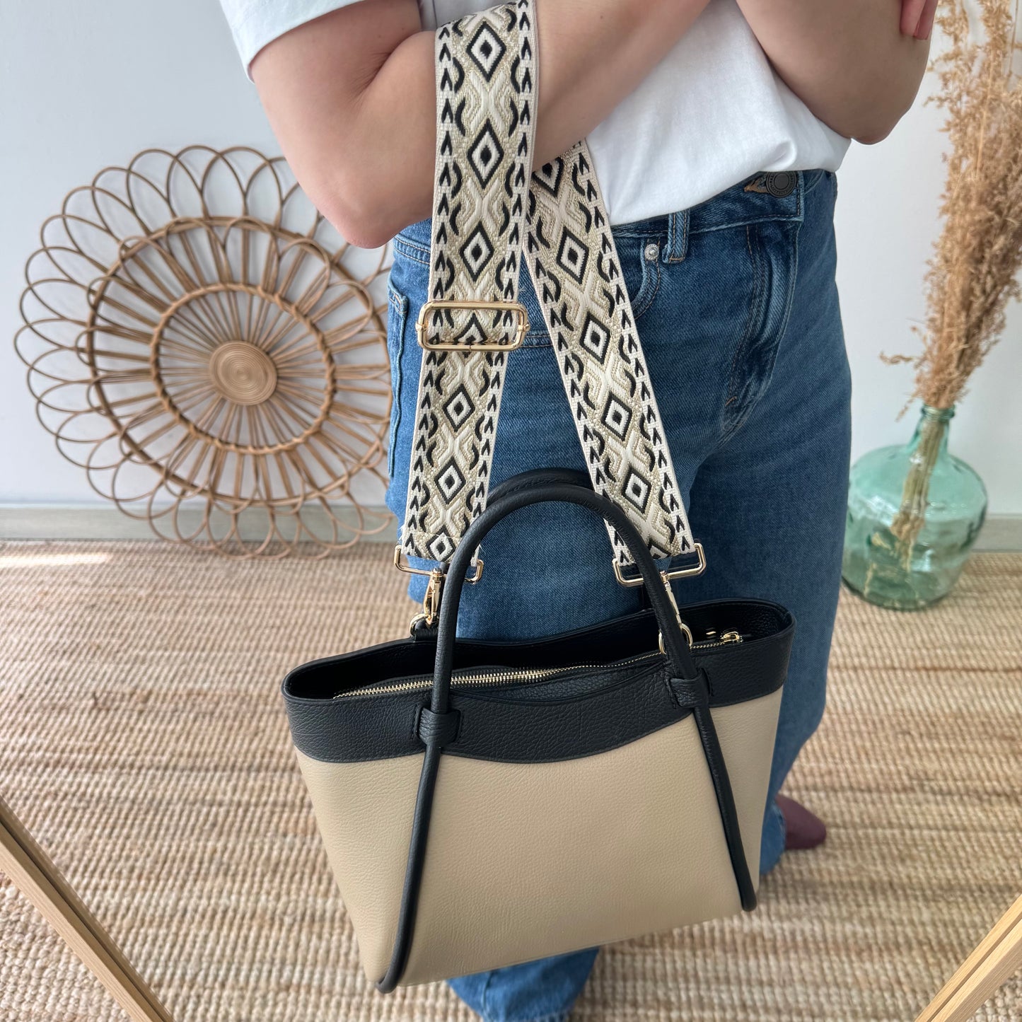 Bolso shopper piel taupe/negro
