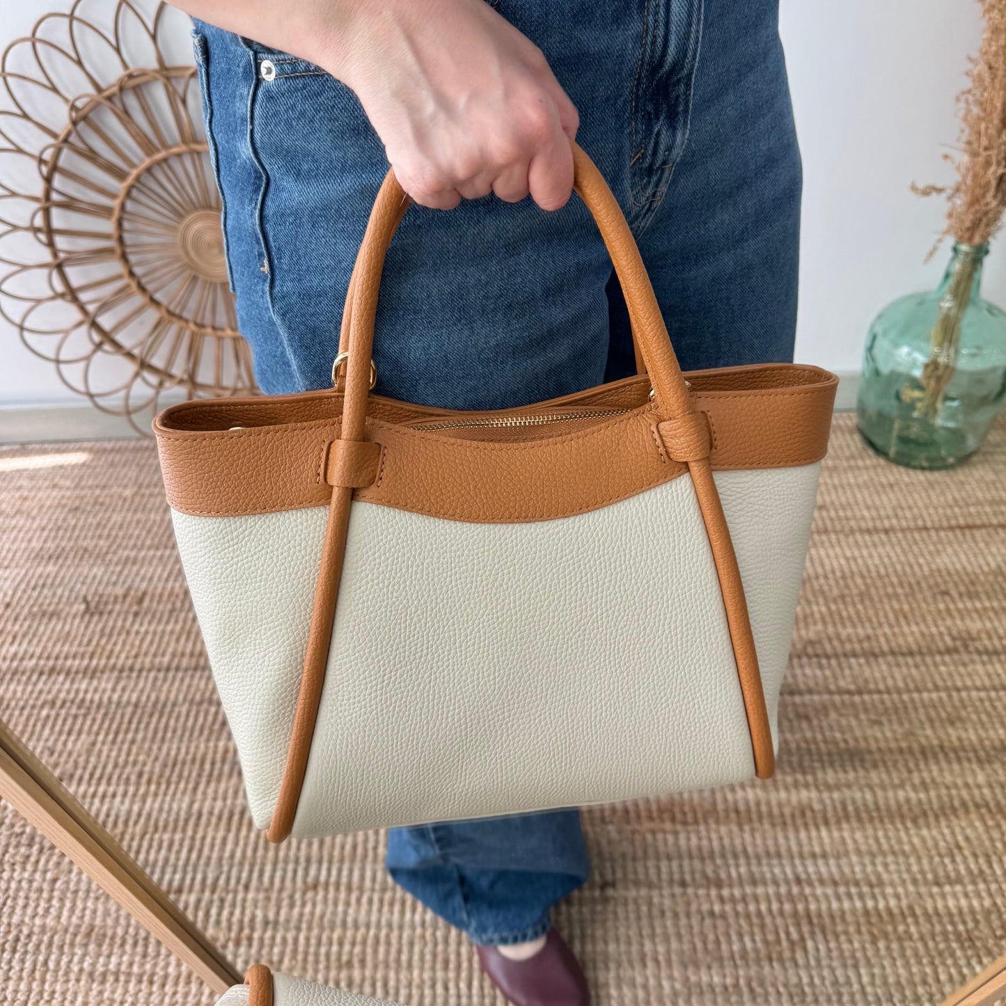 Bolso shopper piel beige/camel
