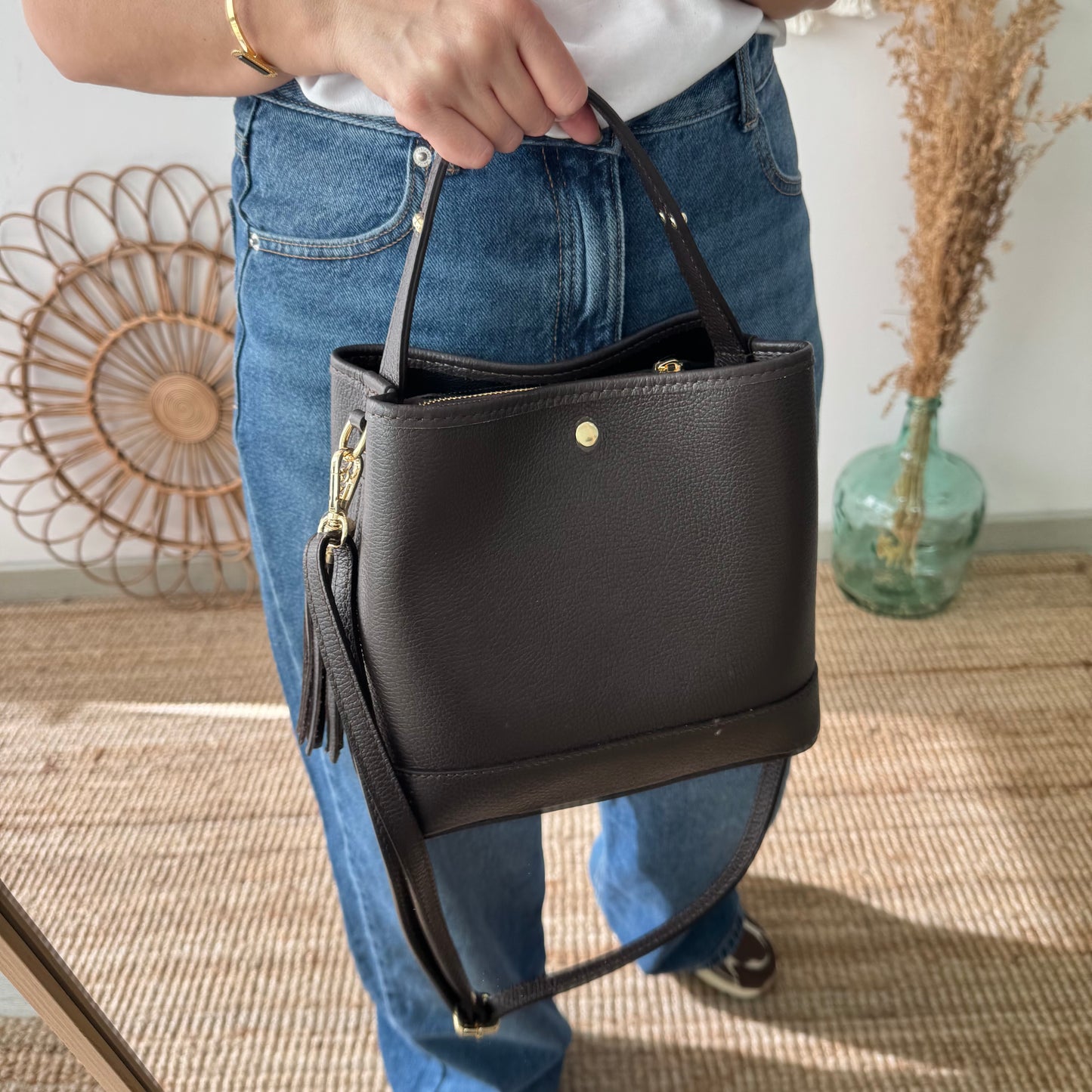 Bolso trapecio combinado piel marrón