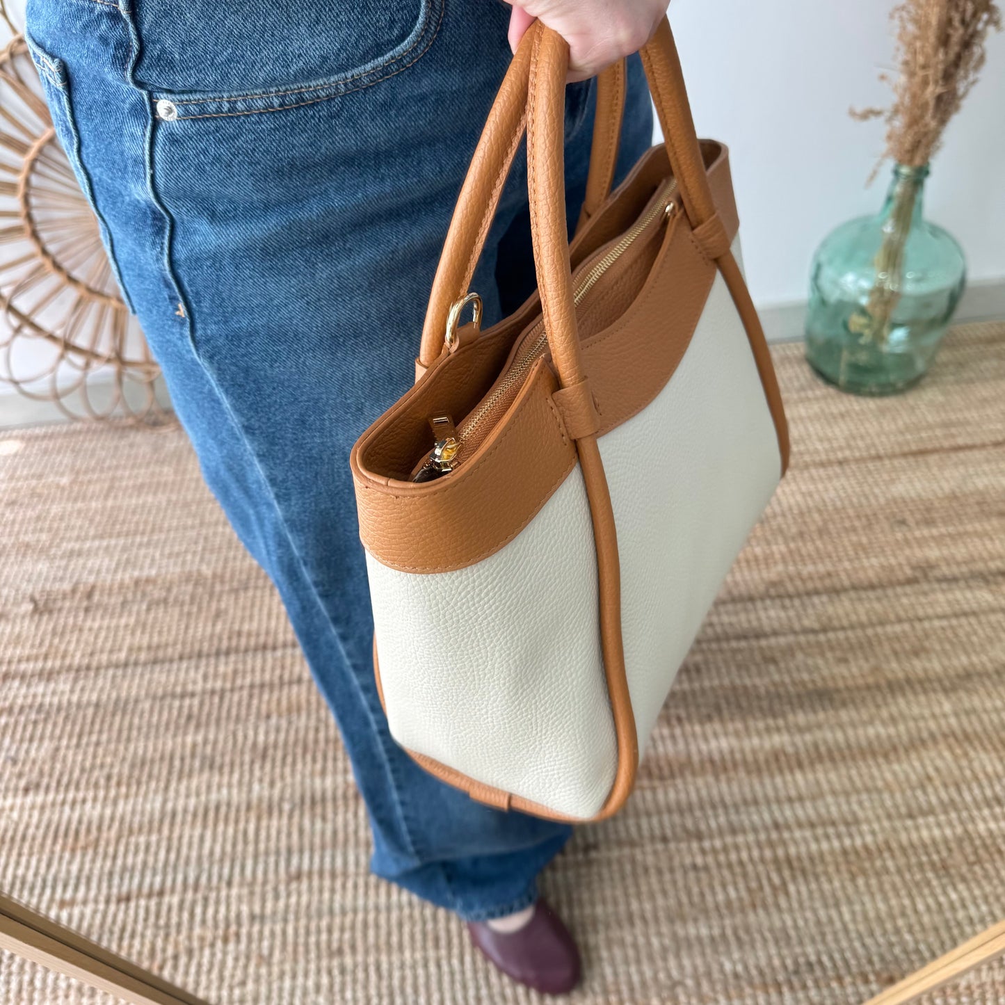 Bolso shopper piel beige/camel
