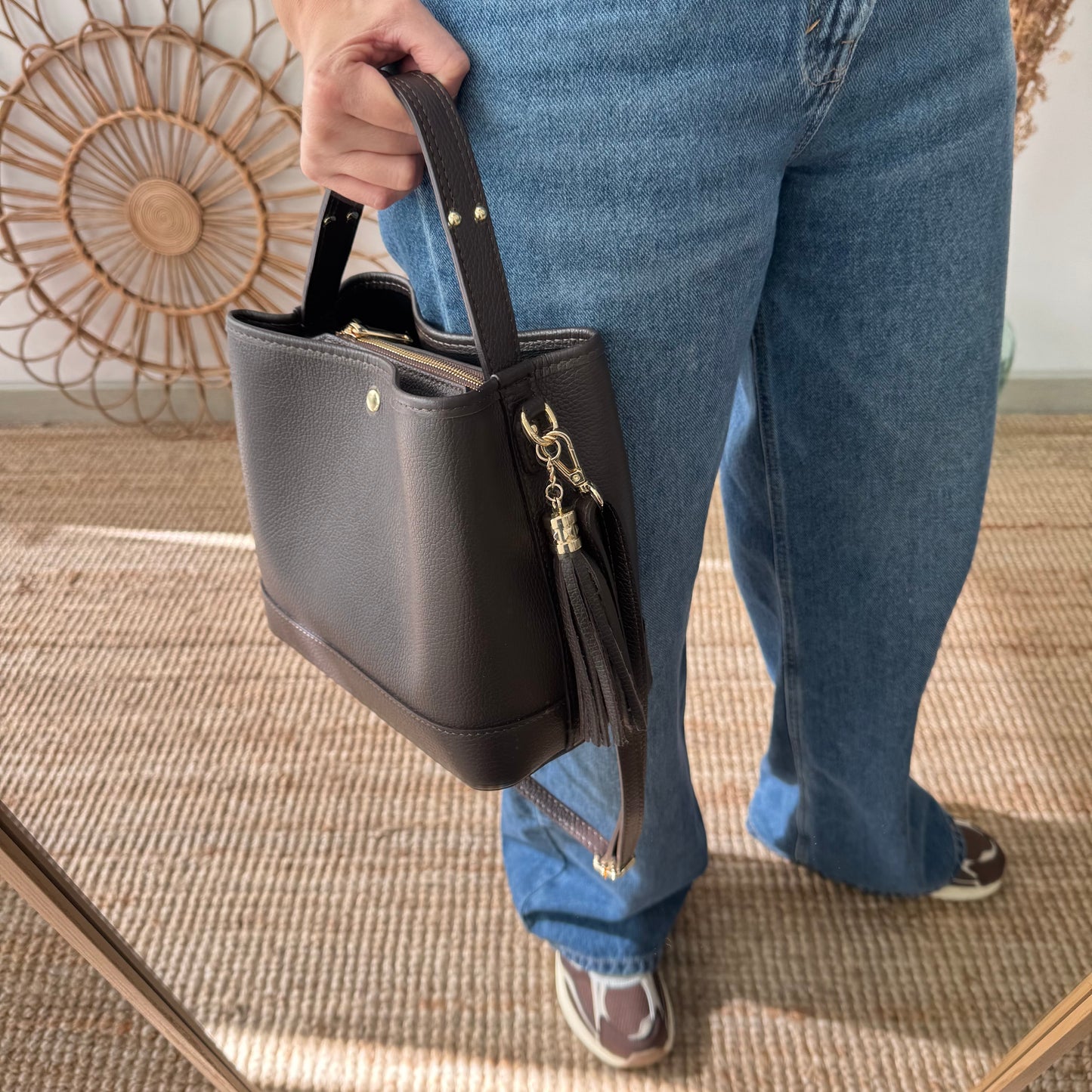 Bolso trapecio combinado piel marrón