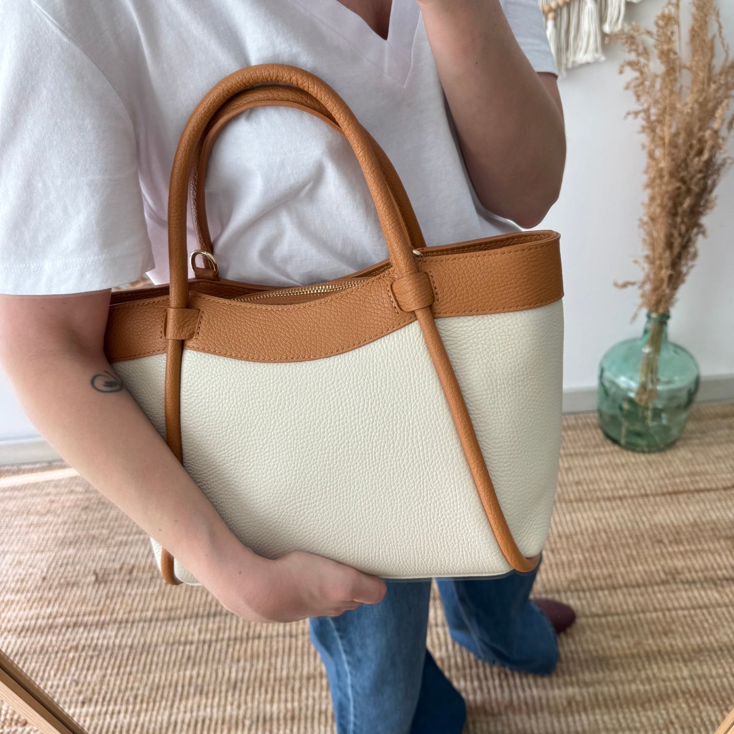 Bolso shopper piel beige/camel