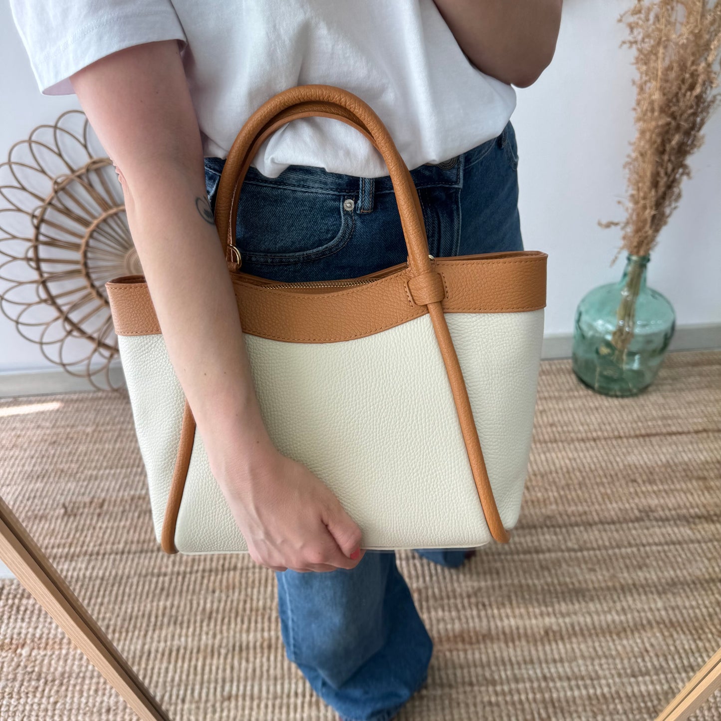 Bolso shopper piel beige/camel