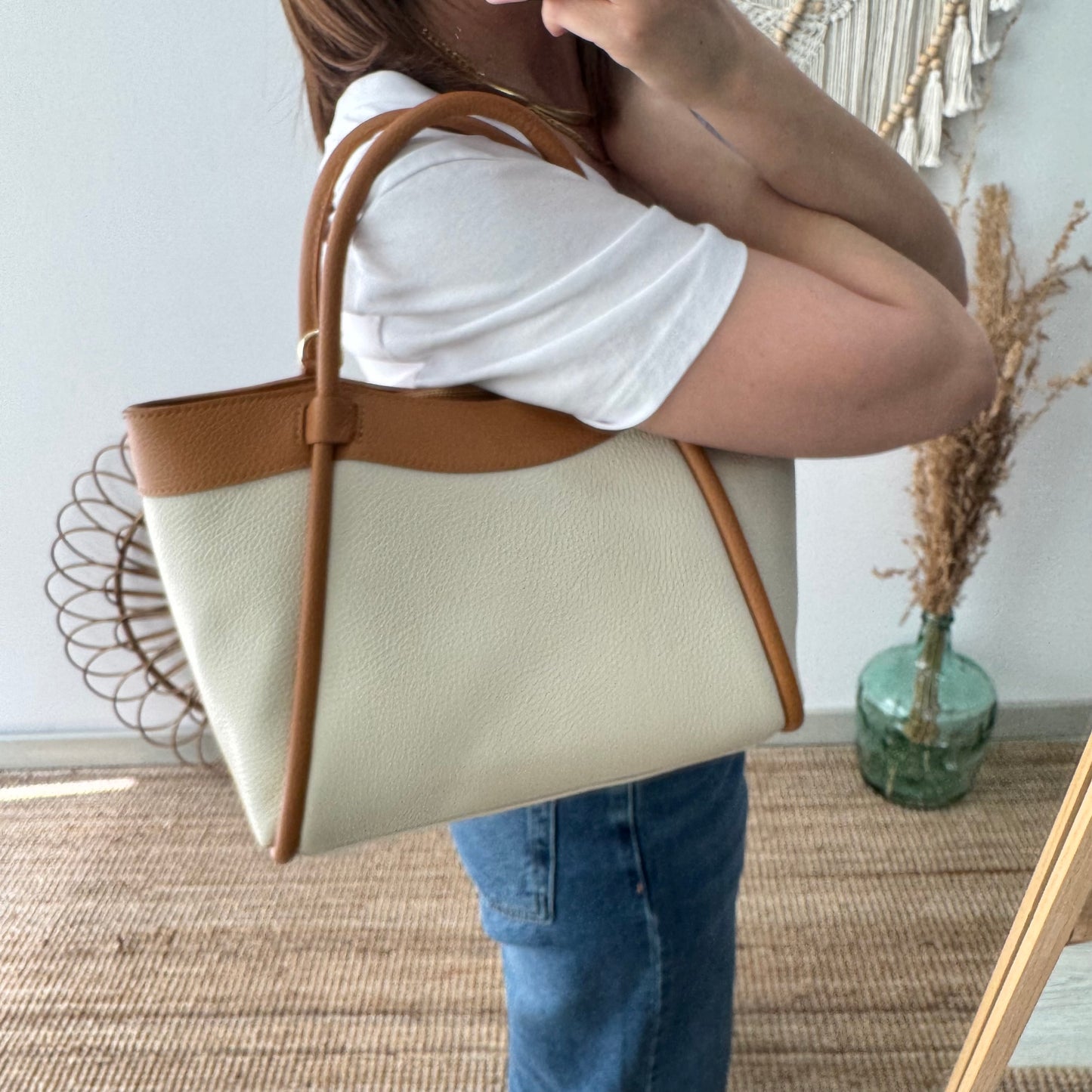 Bolso shopper piel beige/camel
