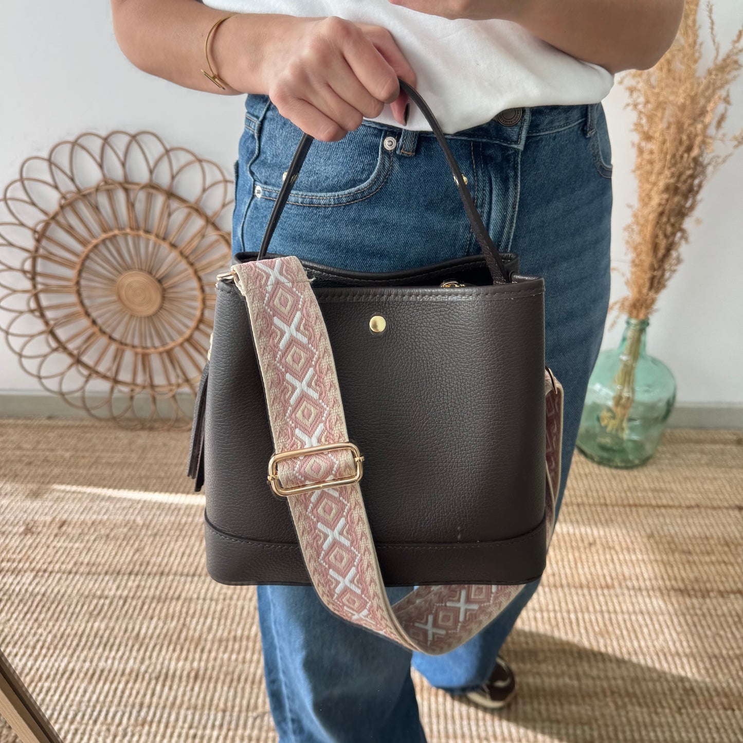 Bolso trapecio combinado piel marrón