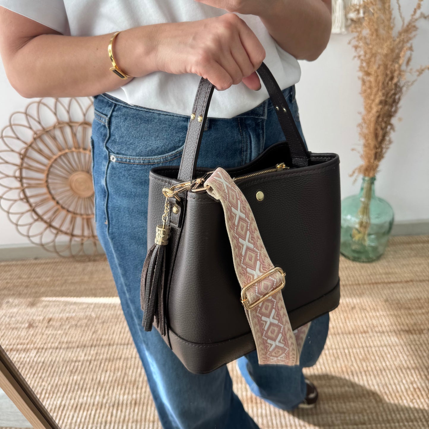 Bolso trapecio combinado piel marrón