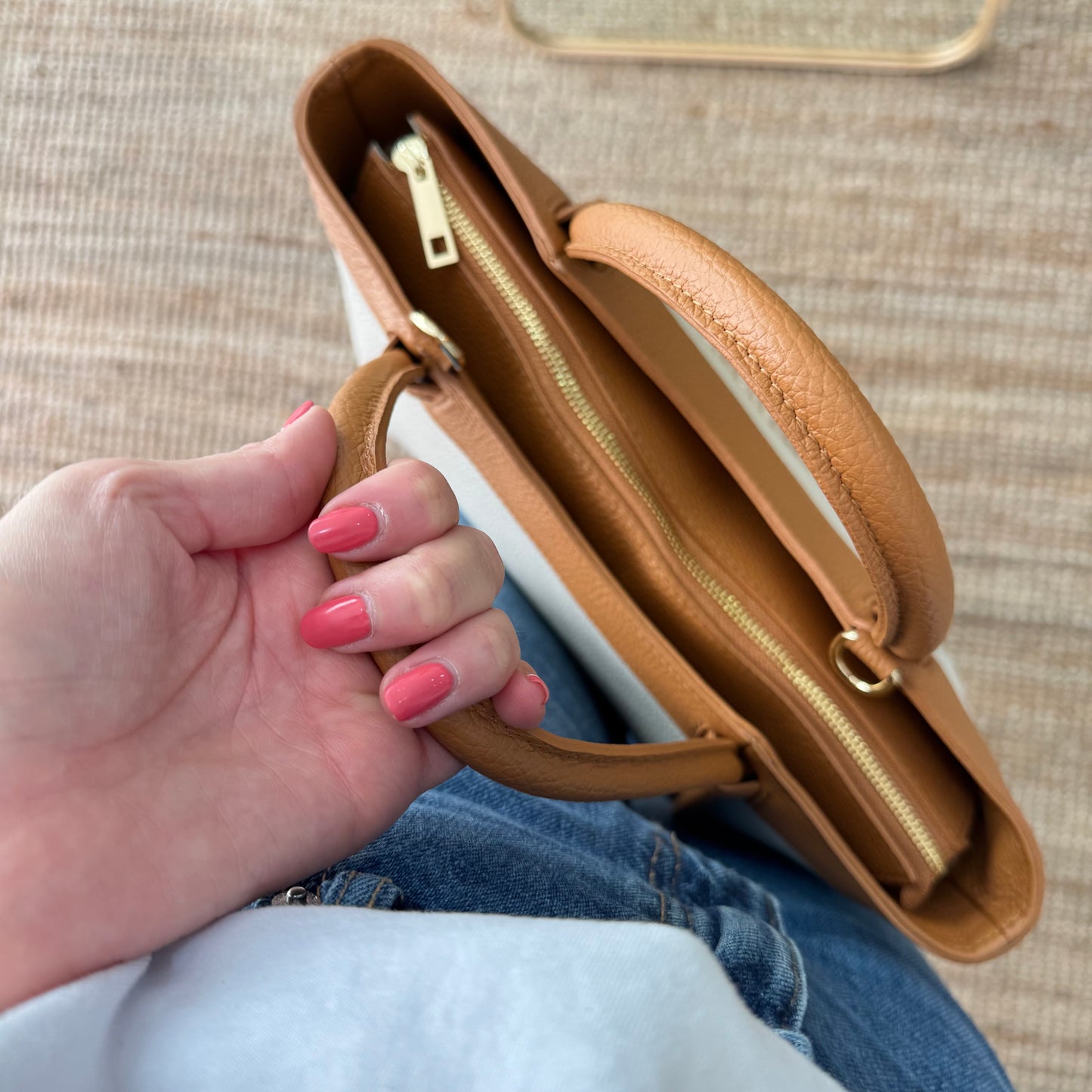 Bolso shopper piel beige/camel