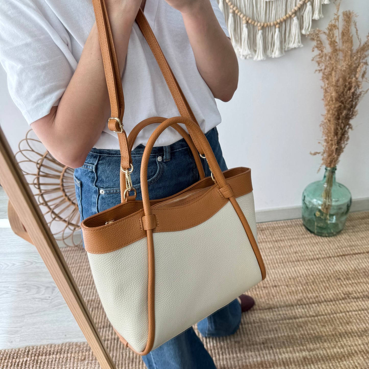 Bolso shopper piel beige/camel