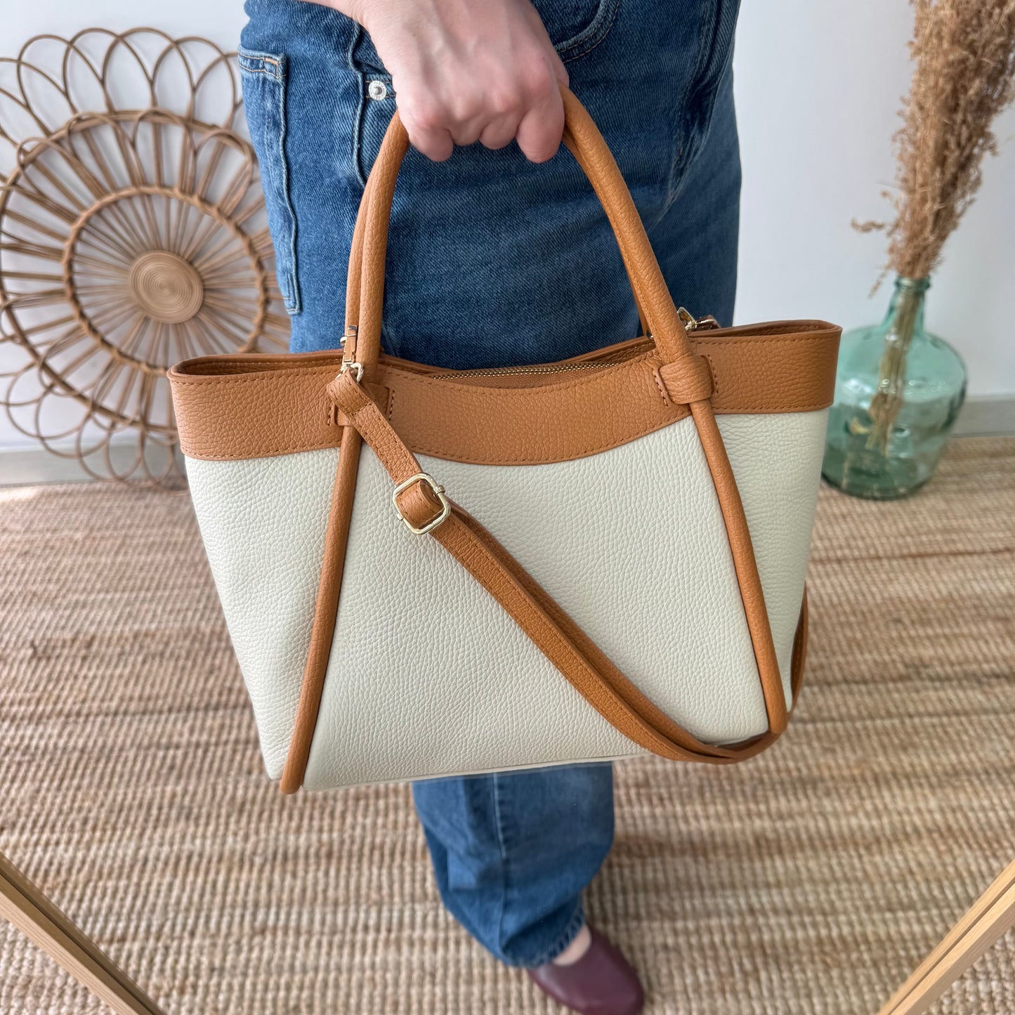 Bolso shopper piel beige/camel