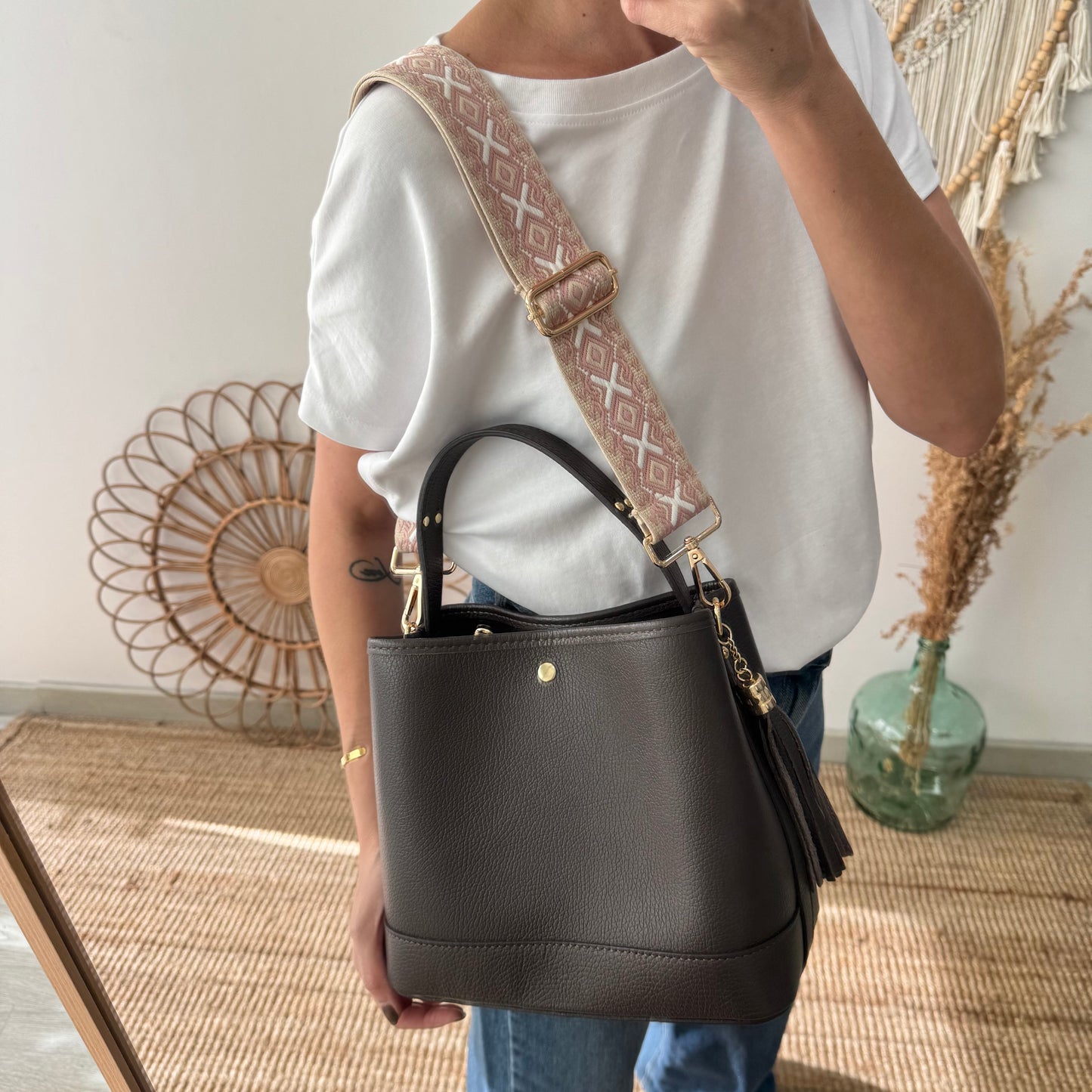 Bolso trapecio combinado piel marrón