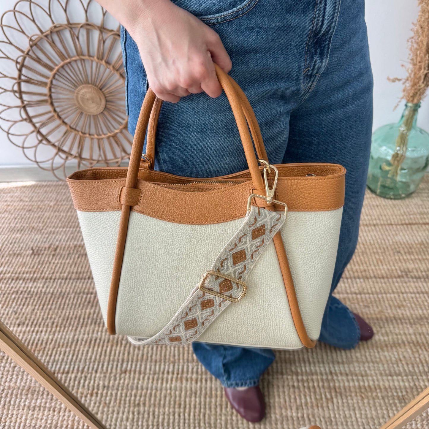 Bolso shopper piel beige/camel