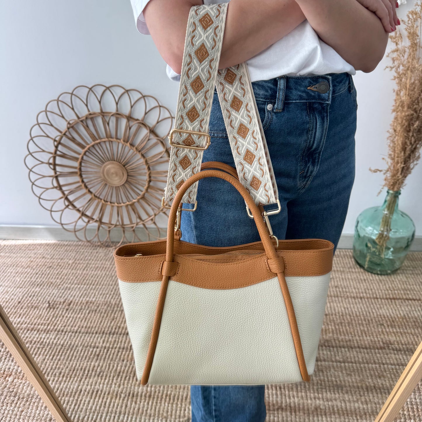 Bolso shopper piel beige/camel