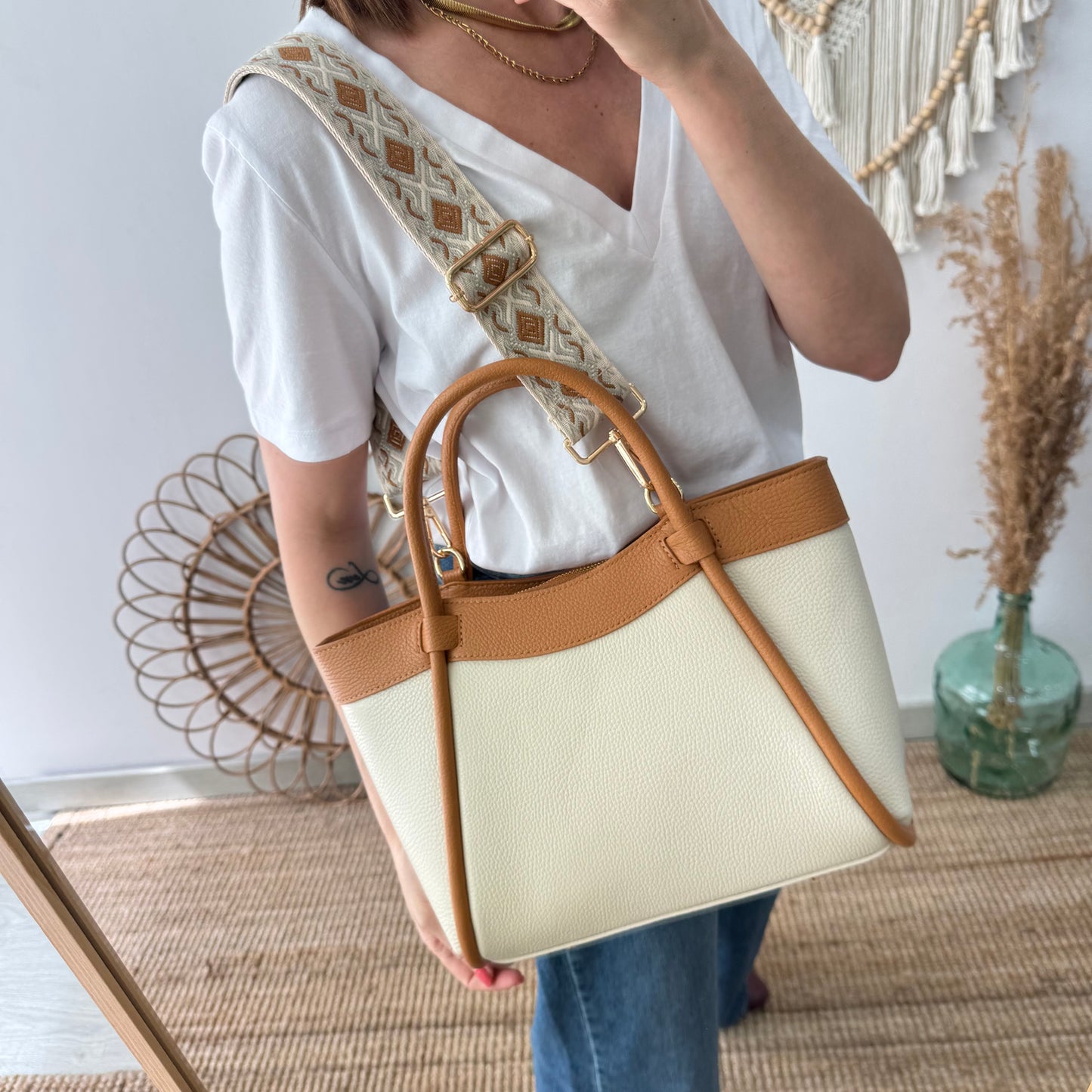 Bolso shopper piel beige/camel