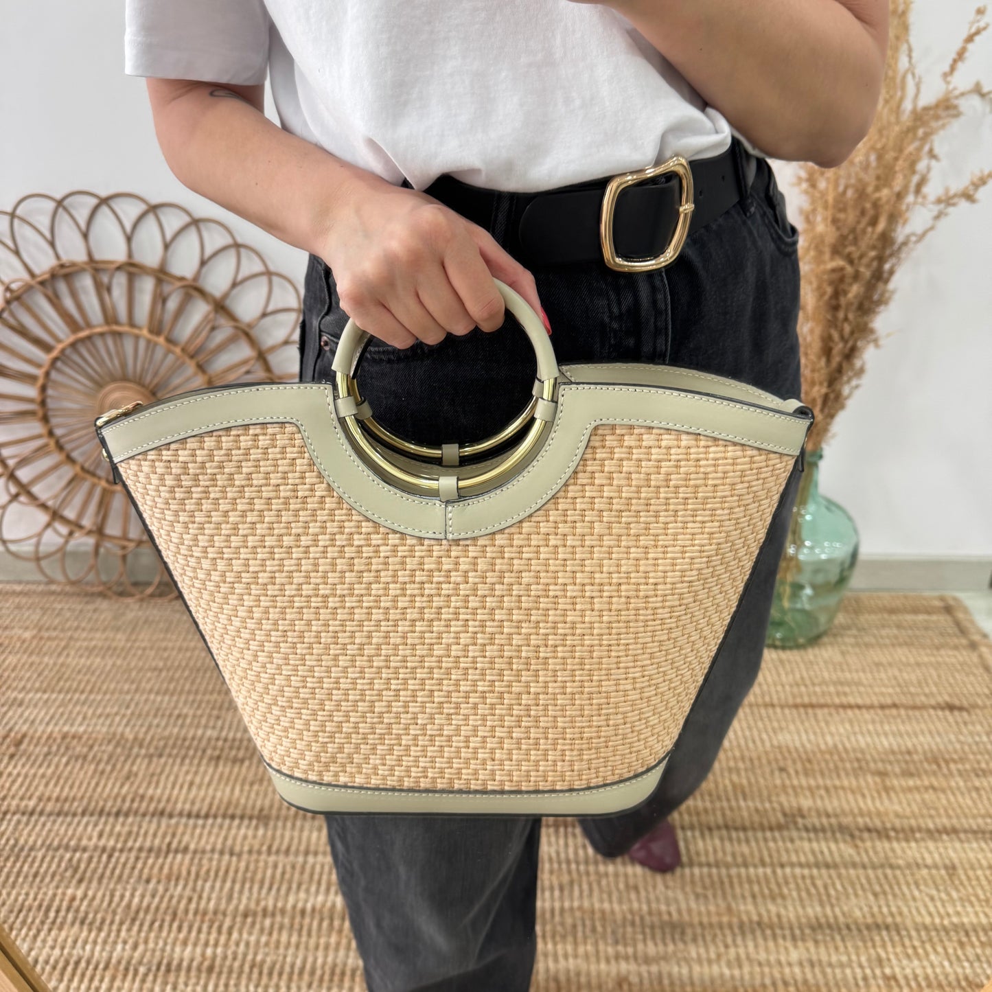 Bolso tote rafia beige/piel beige