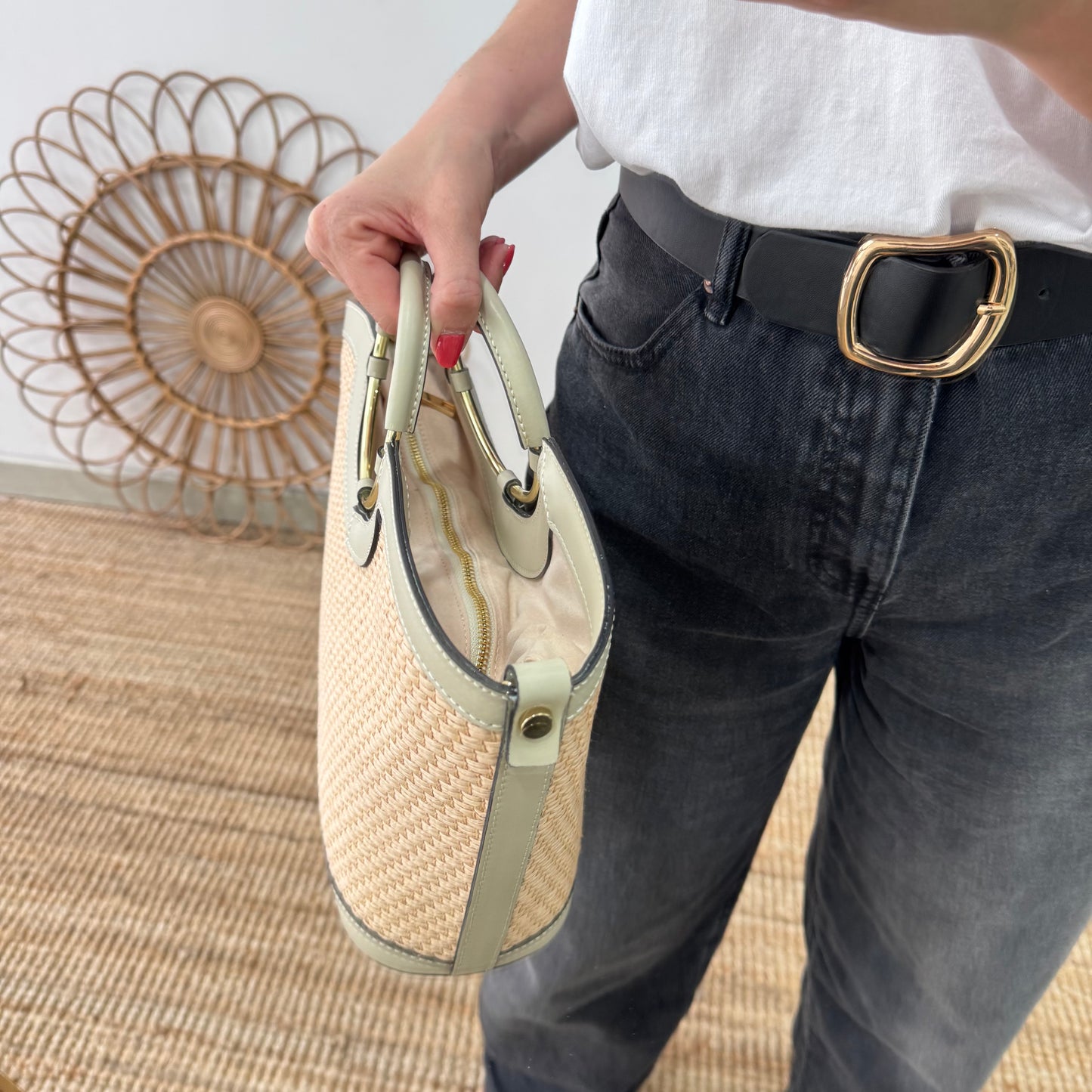 Bolso tote rafia beige/piel beige