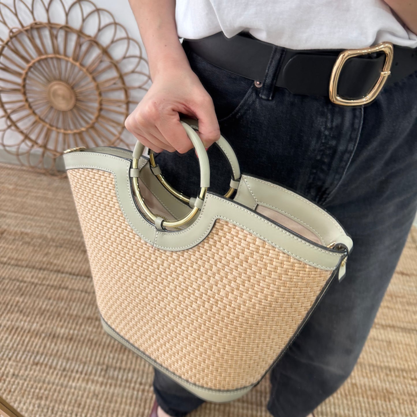 Bolso tote rafia beige/piel beige