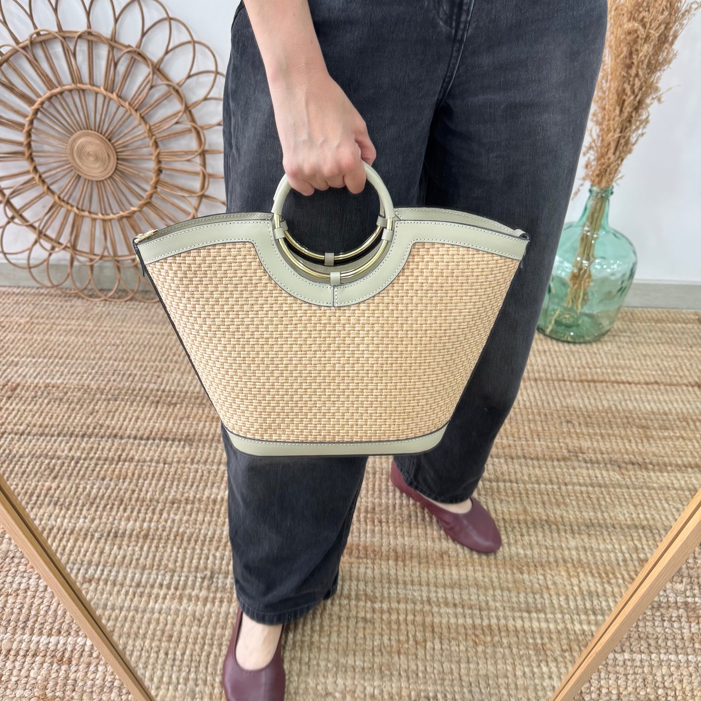 Bolso tote rafia beige/piel beige