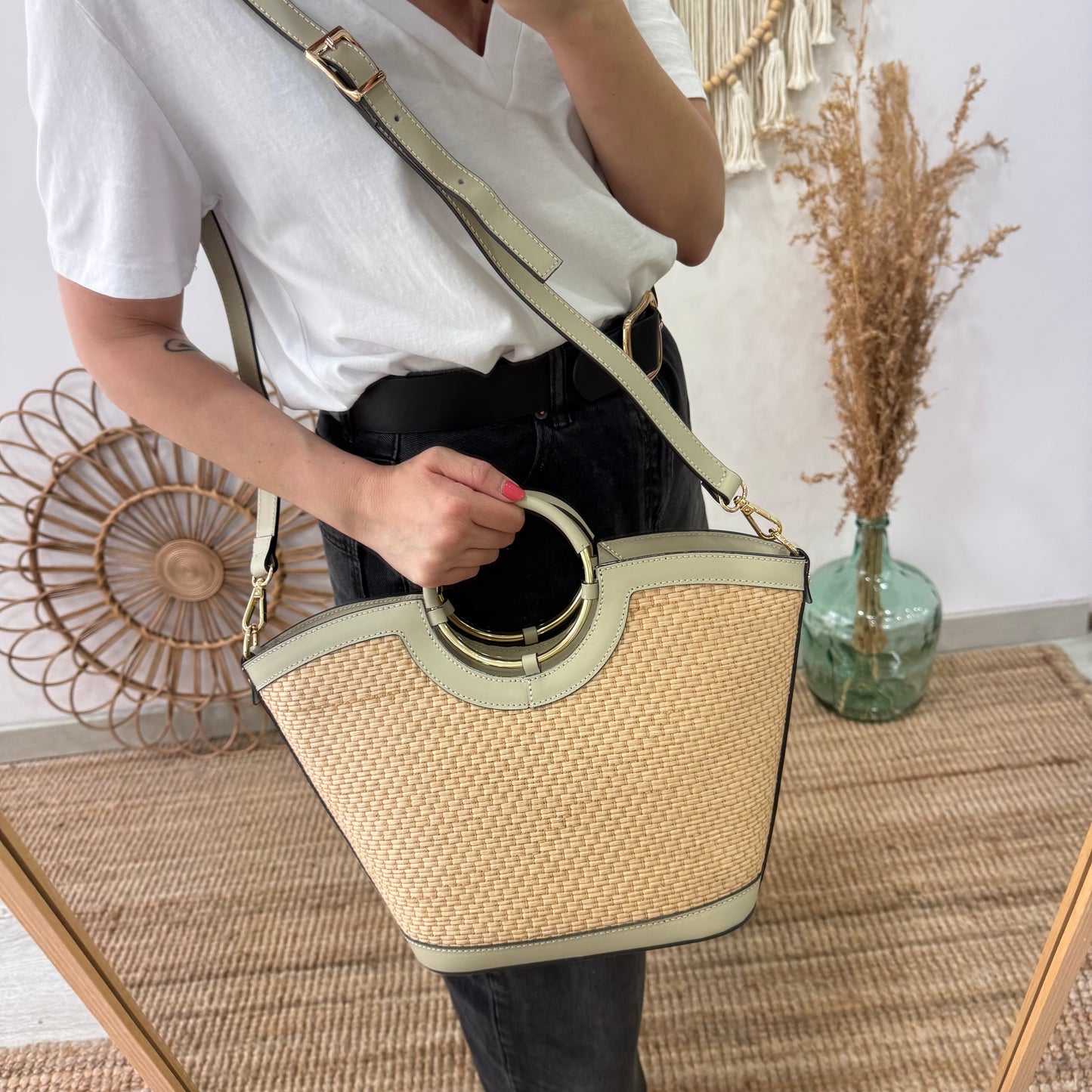 Bolso tote rafia beige/piel beige