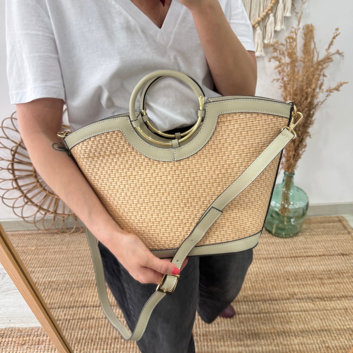 Bolso tote rafia beige/piel beige