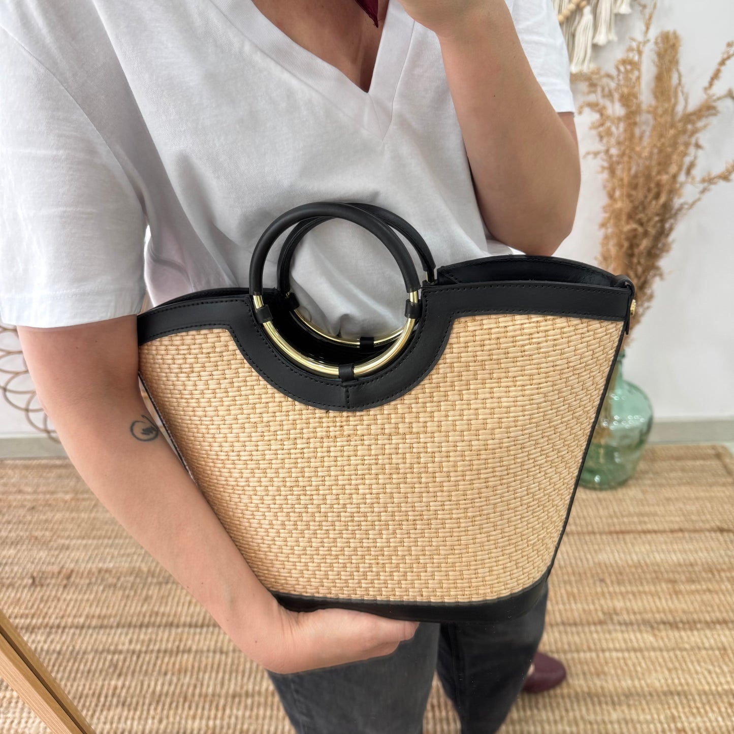 Bolso tote rafia beige/piel negra