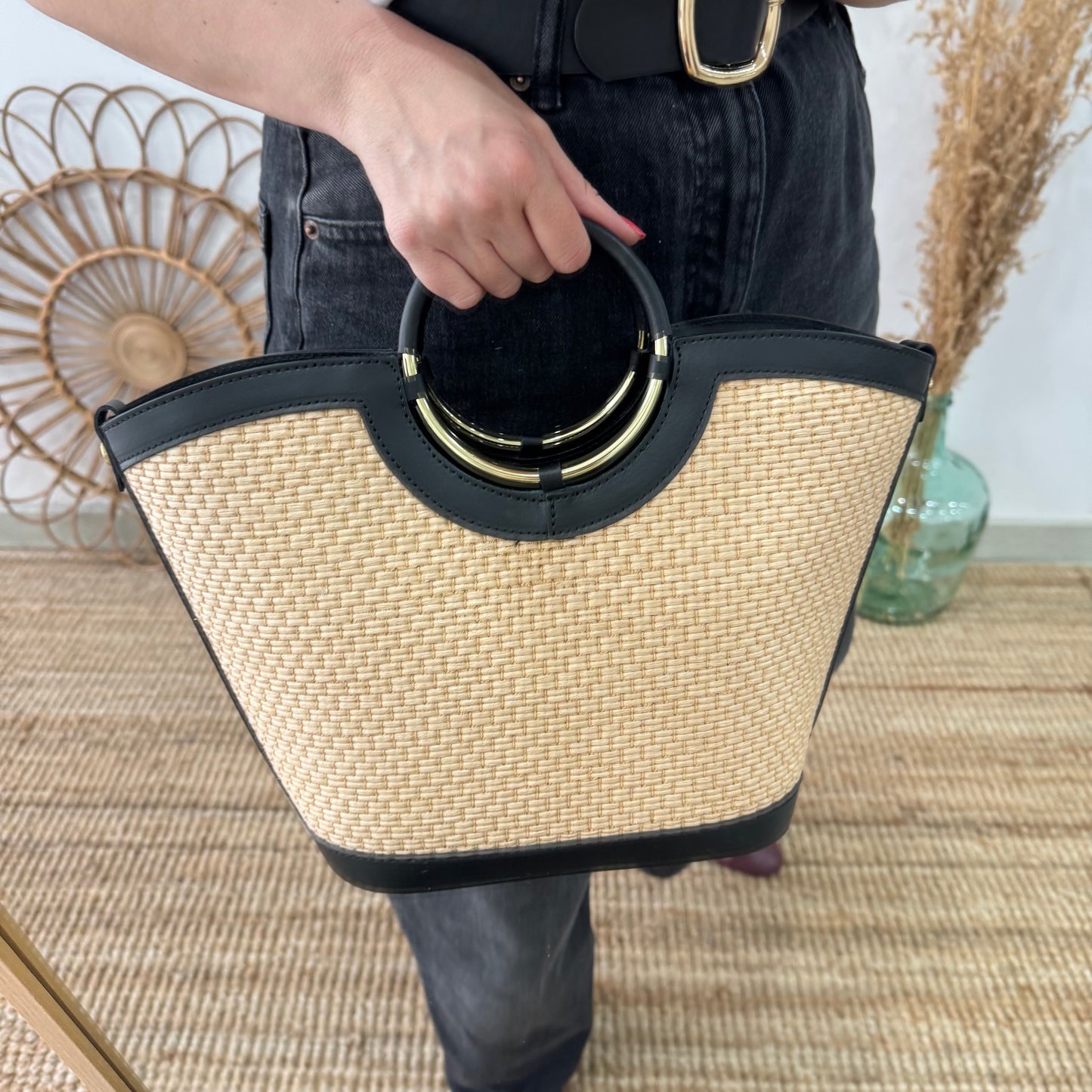 Bolso tote rafia beige/piel negra