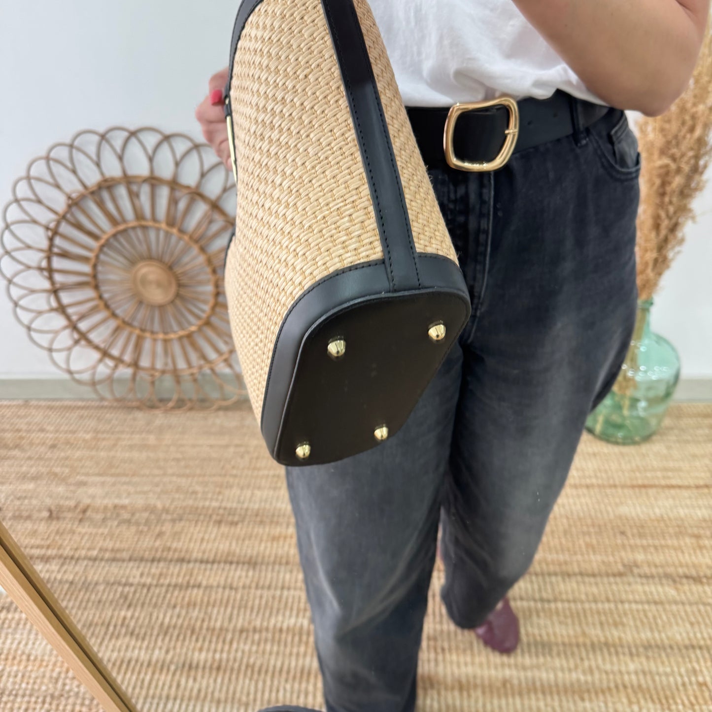 Bolso tote rafia beige/piel negra