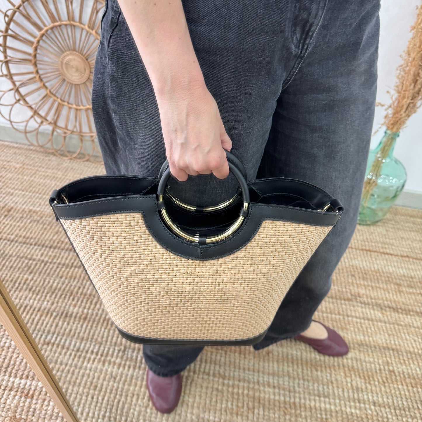 Bolso tote rafia beige/piel negra