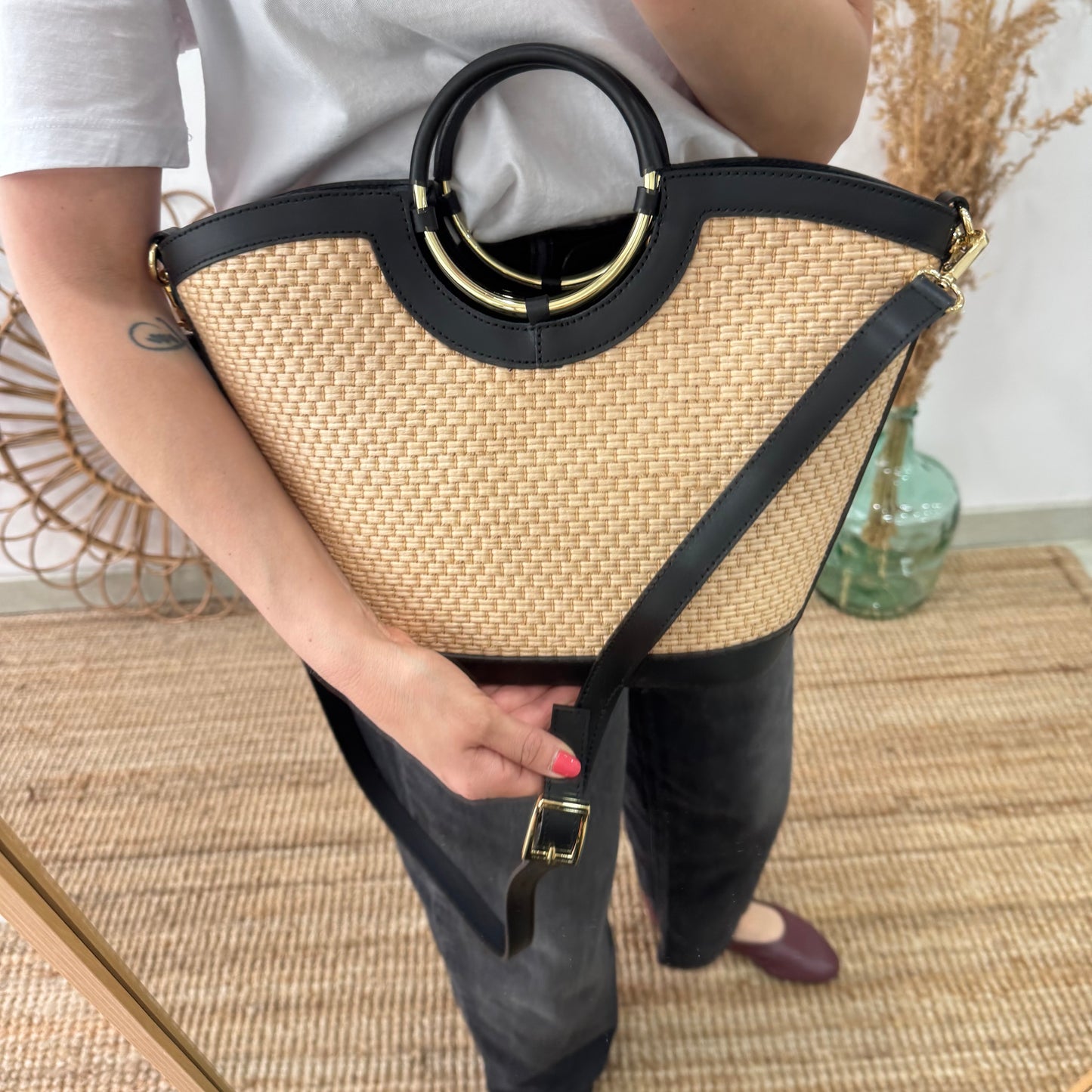 Bolso tote rafia beige/piel negra