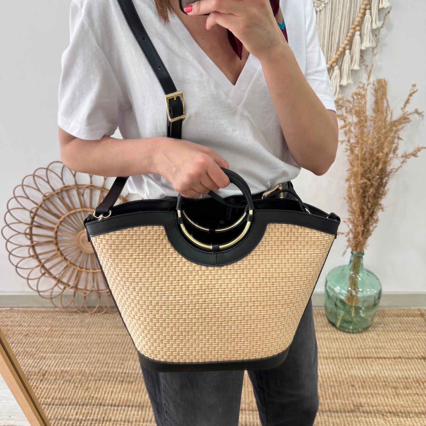 Bolso tote rafia beige/piel negra