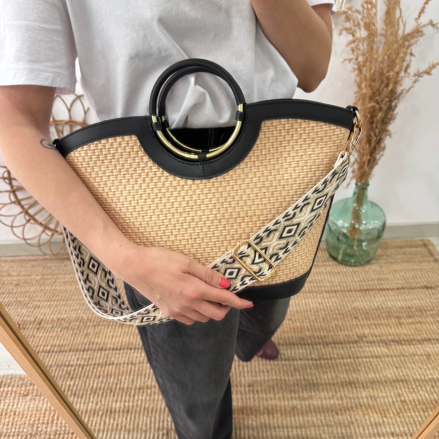 Bolso tote rafia beige/piel negra