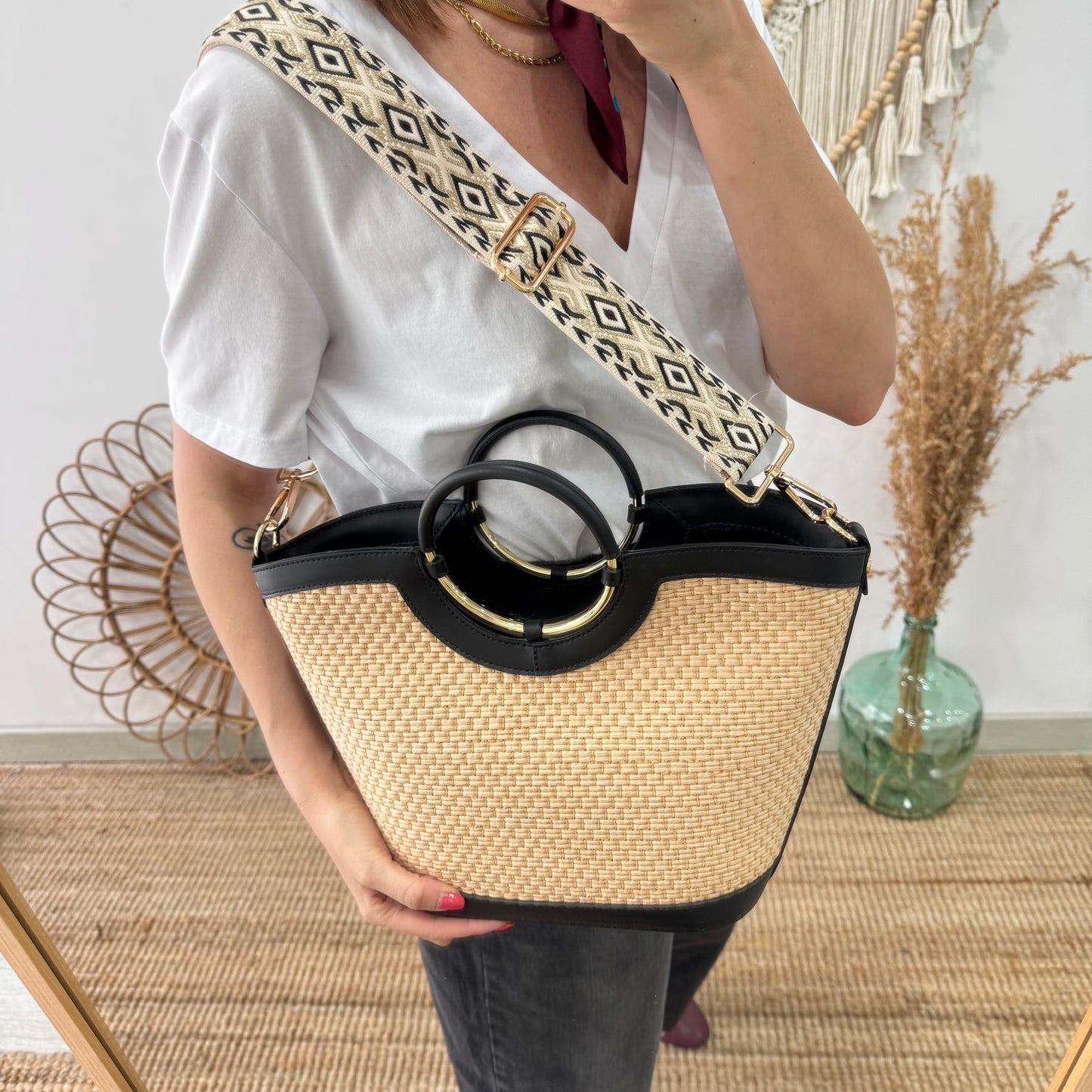 Bolso tote rafia beige/piel negra