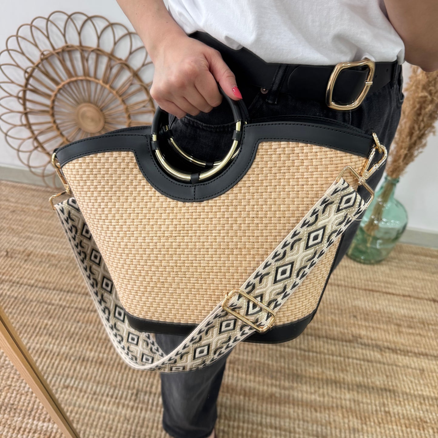 Bolso tote rafia beige/piel negra