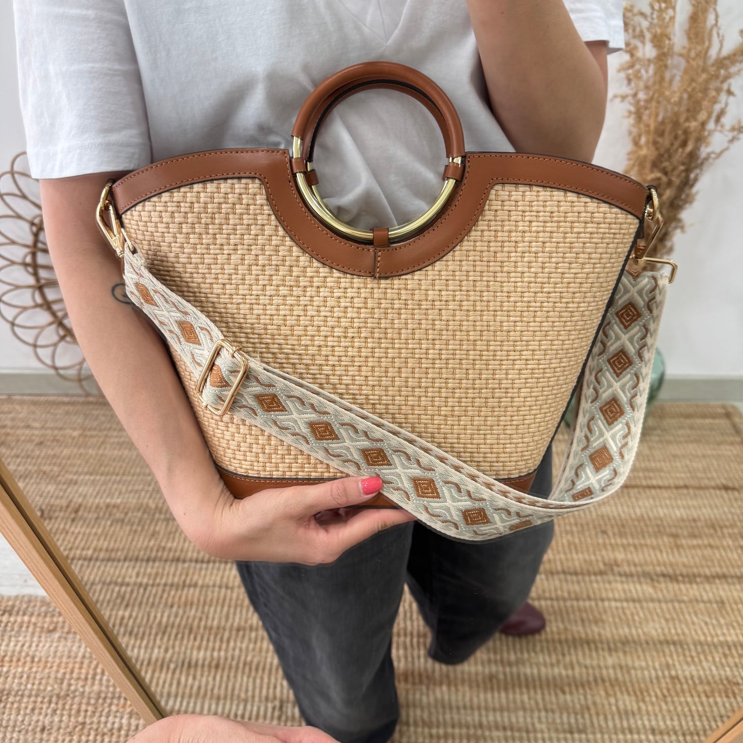 Bolso tote rafia beige/piel camel