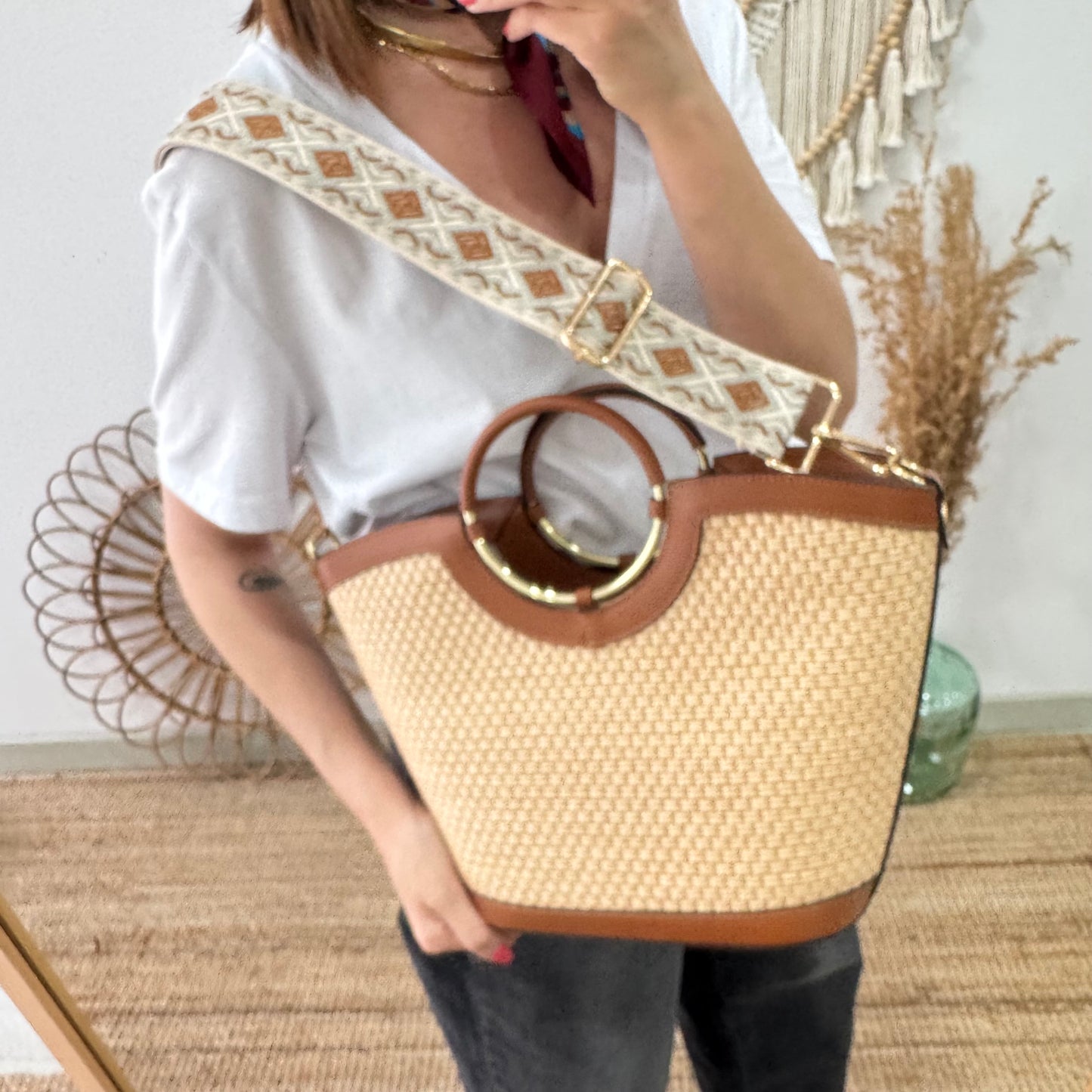 Bolso tote rafia beige/piel camel