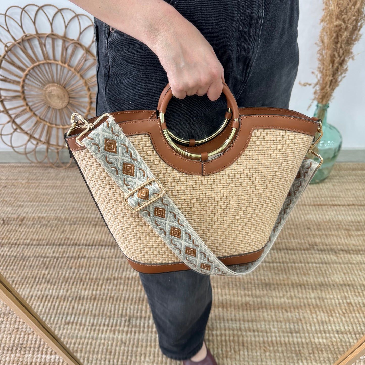 Bolso tote rafia beige/piel camel