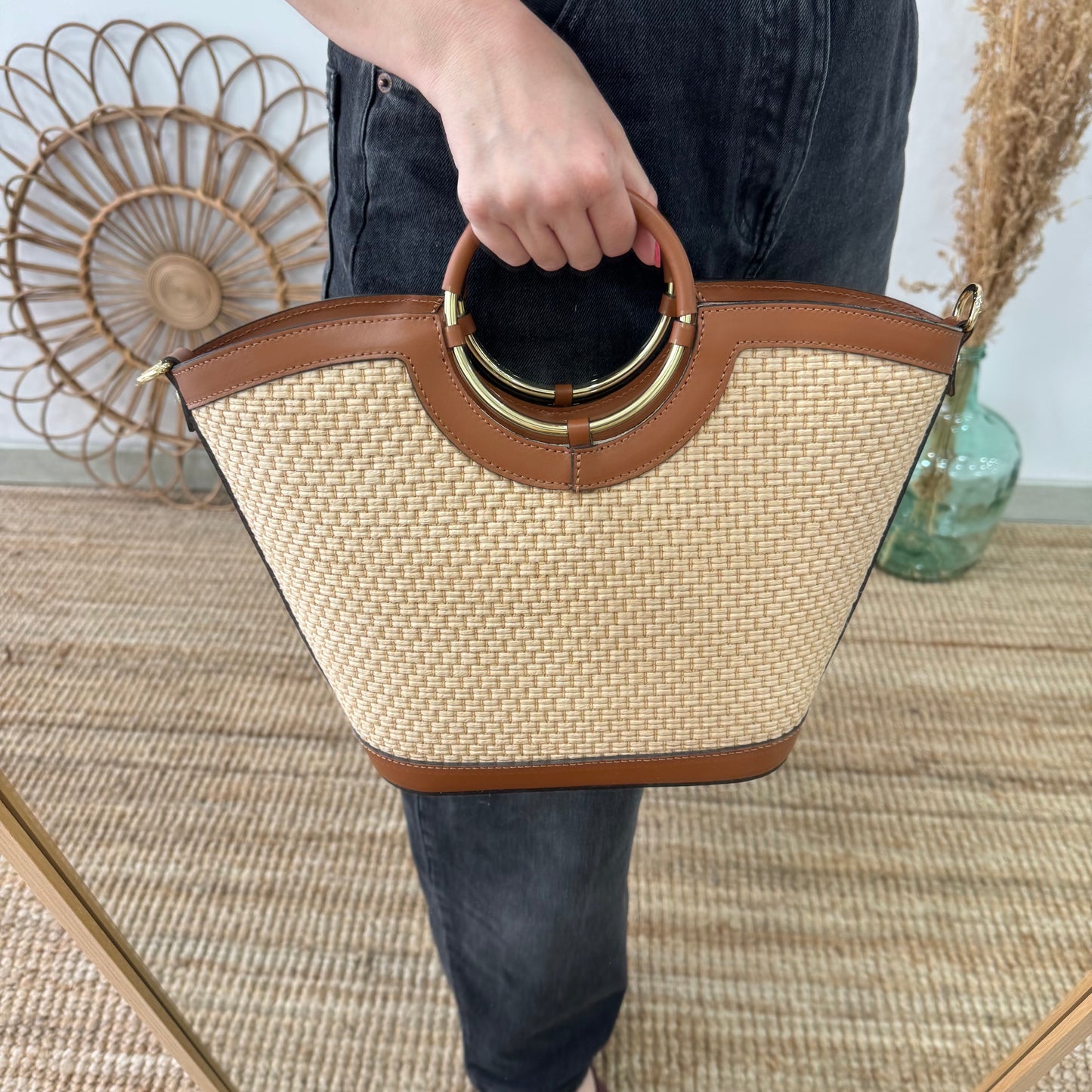 Bolso tote rafia beige/piel camel