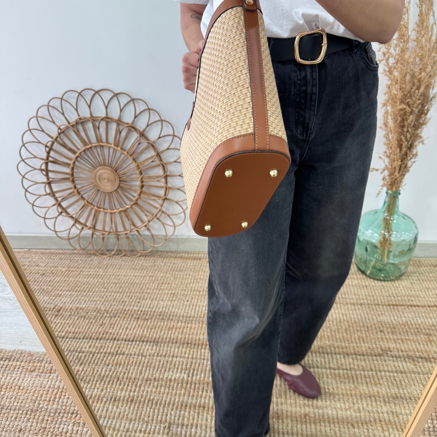 Bolso tote rafia beige/piel camel