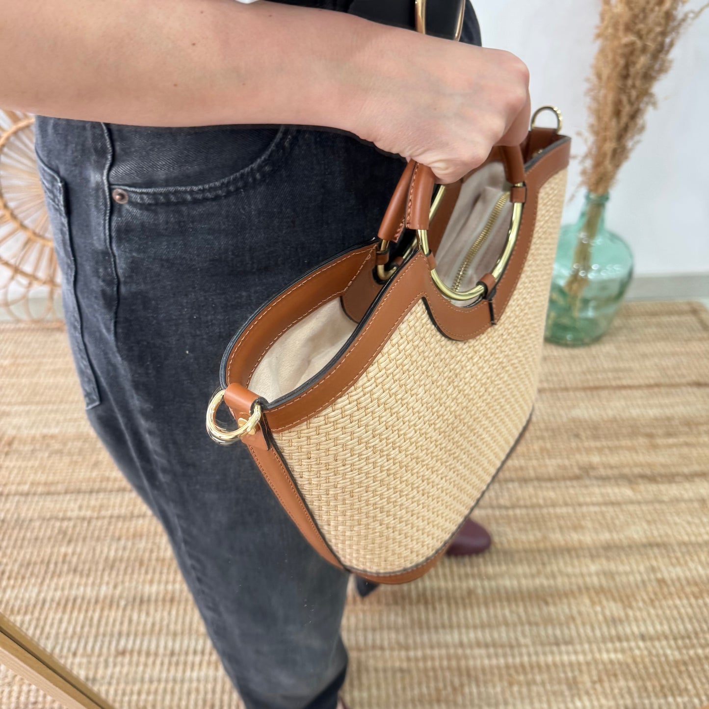 Bolso tote rafia beige/piel camel