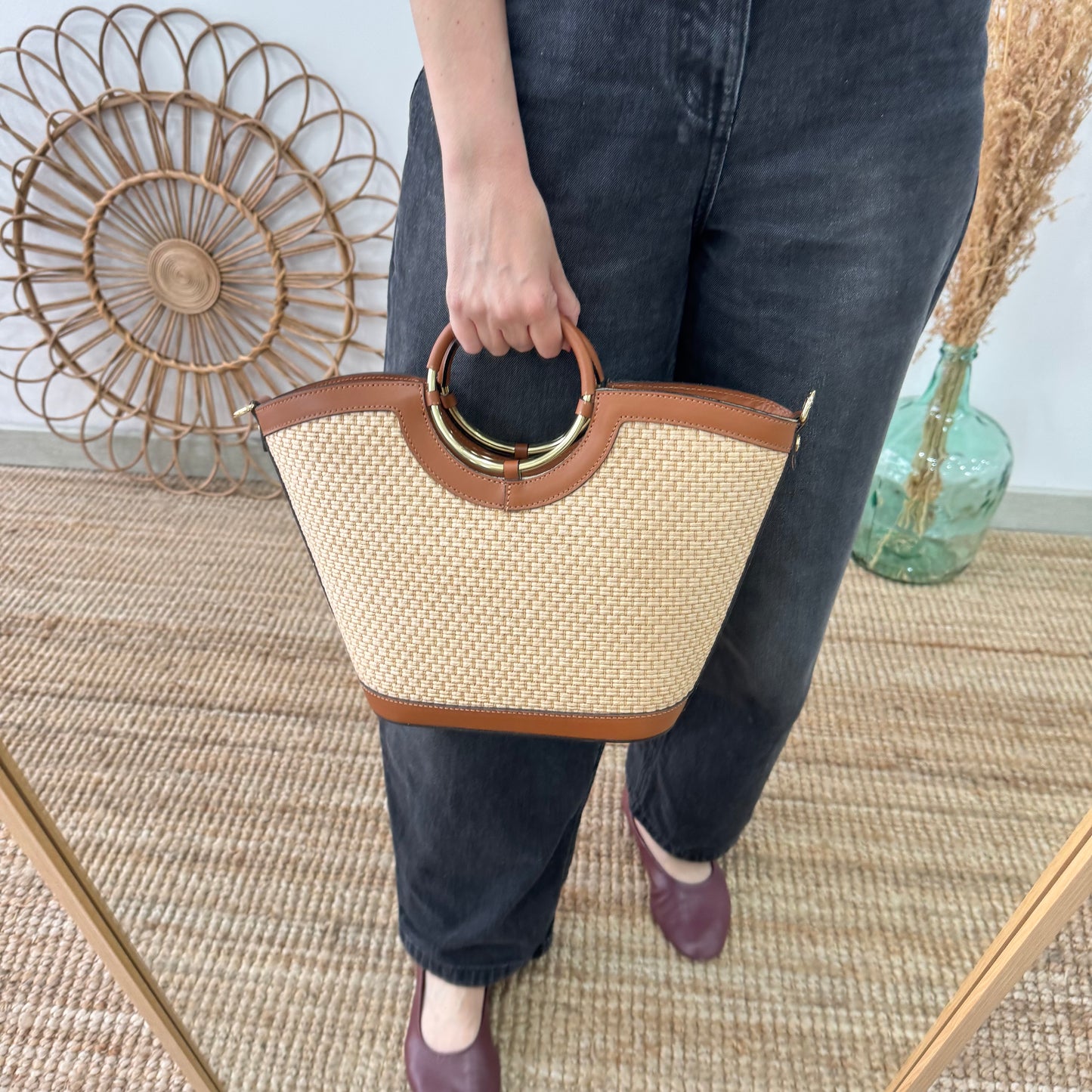 Bolso tote rafia beige/piel camel