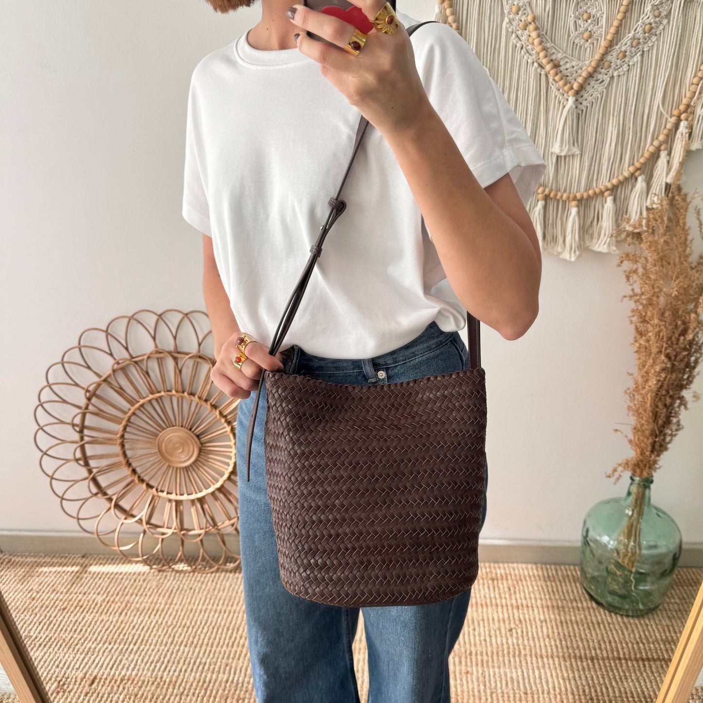 Bolso saco en piel trenzada marrón - Bubbleshopbcn