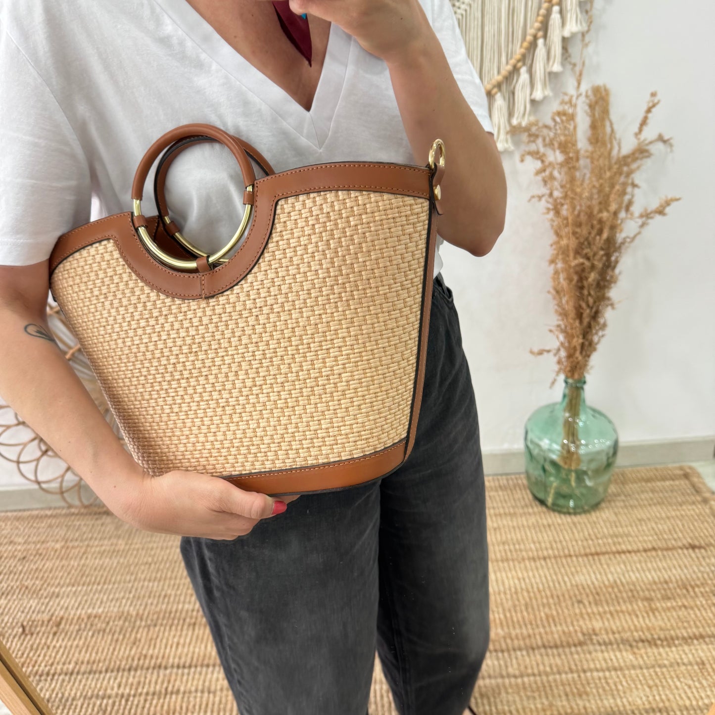 Bolso tote rafia beige/piel camel