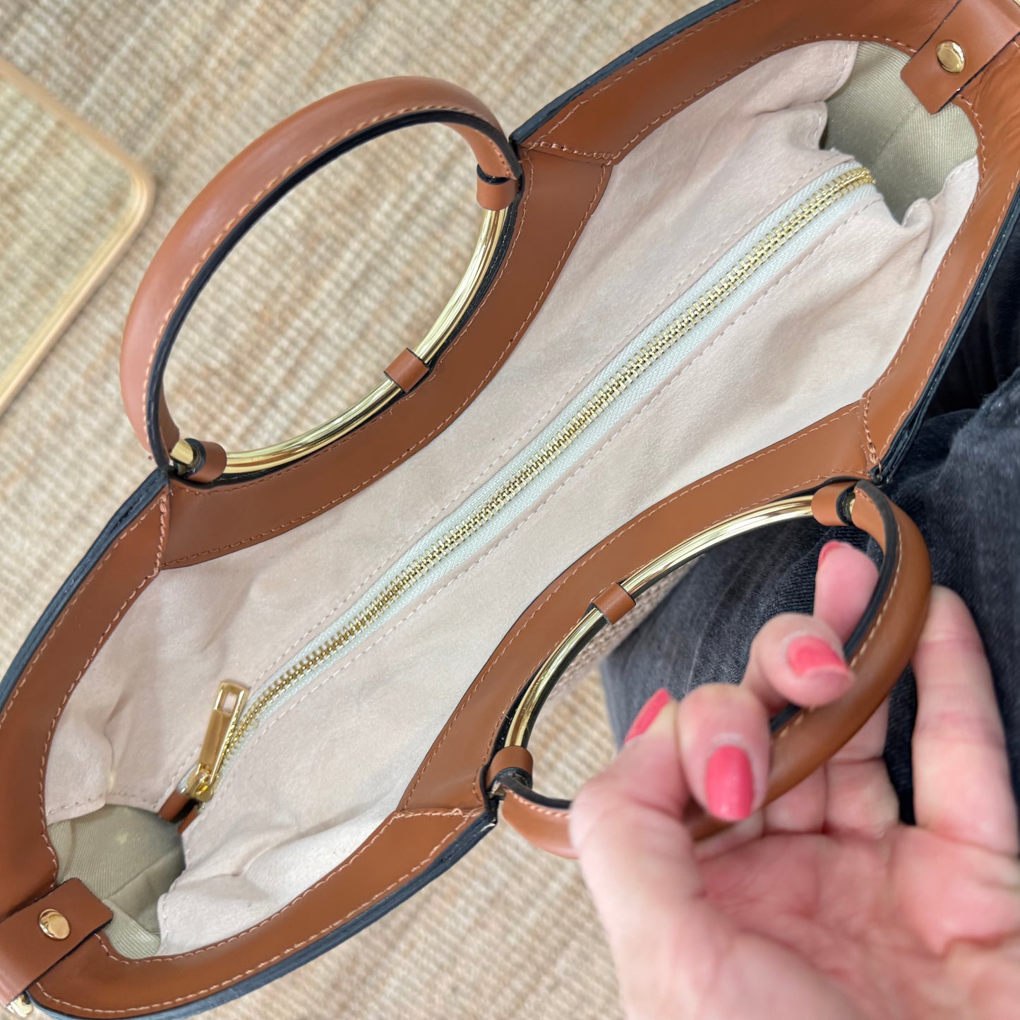 Bolso tote rafia beige/piel camel